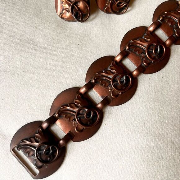 Vintage Copper Leaf Scroll Bracelet & Clip On Earrings Set Retro - Picture 3 of 8
